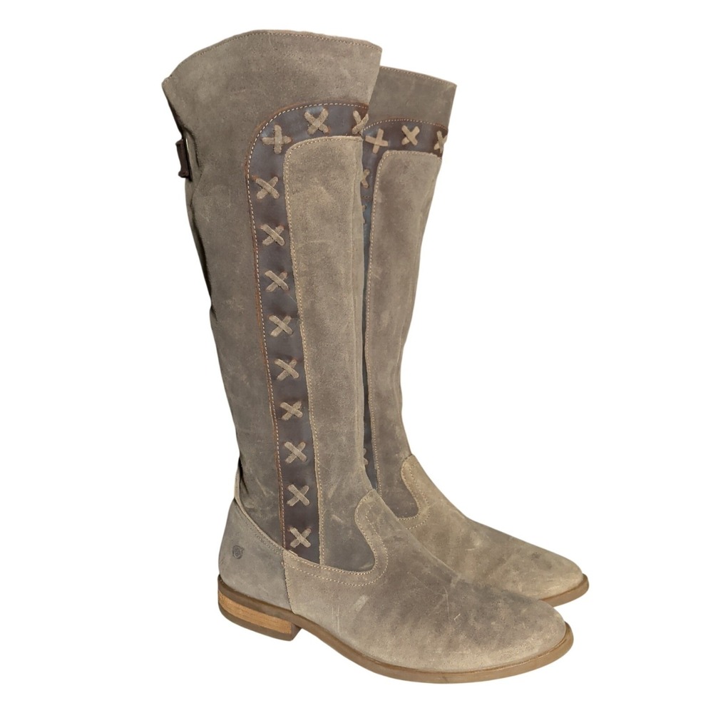 Born Albi Tall Boots Womens Size 8.5 Gray Suede High Side Zip Leather Stitching